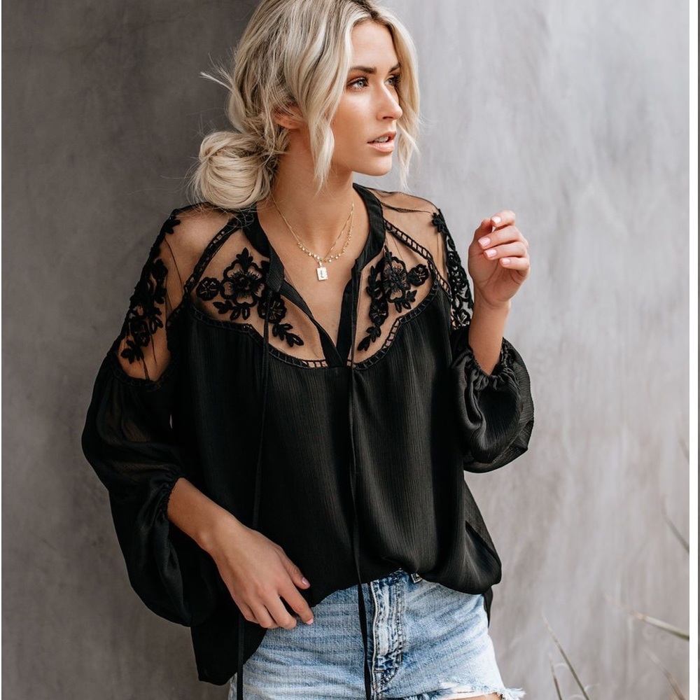 Black Boho Chiffon Lace Top